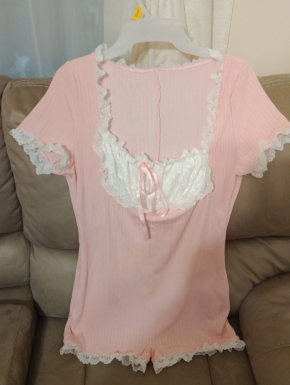 SHEIN Pink Short Lace-Trim Romper Pajama